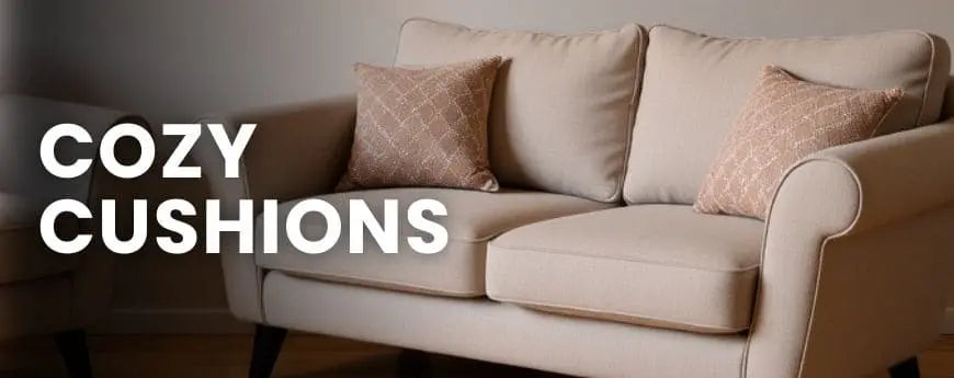 Beige sofa with cozy cushions and text 'COZY CUSHIONS' on a neutral background