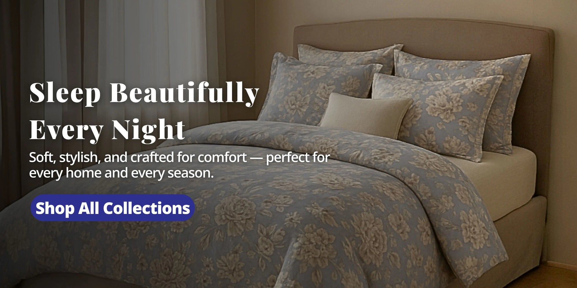 Bed with floral bedding and pillows, promotional text for sleep products.